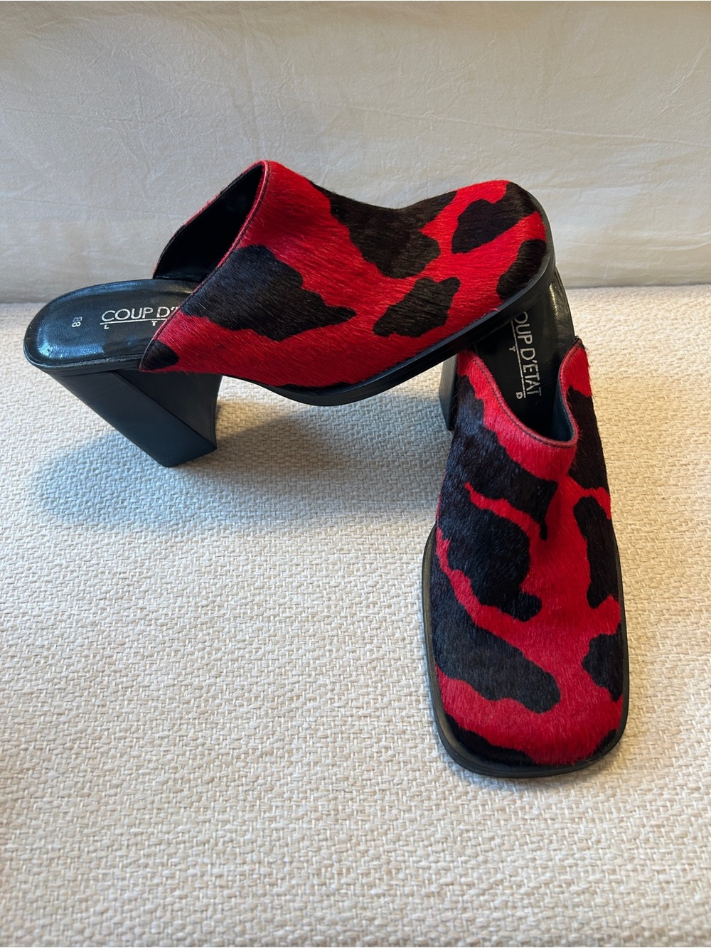 Vintage Y2K Red & Black Cow Print Clogs Size 8 Chunky Platform Mule Shoes